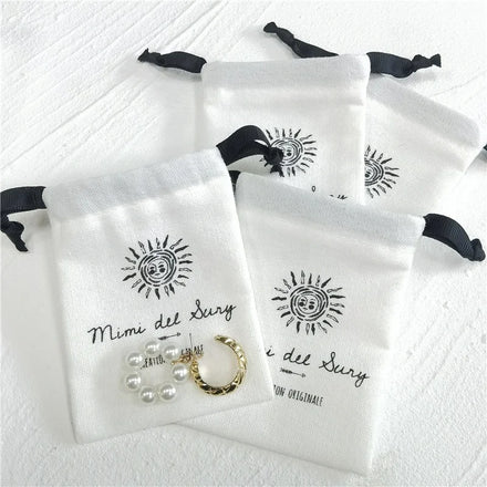 Luxury White Organic Cotton Recyclable Drawstring Jewelry Packaging Small Pouch Black Ribbon Custom Logo for Rings Watches