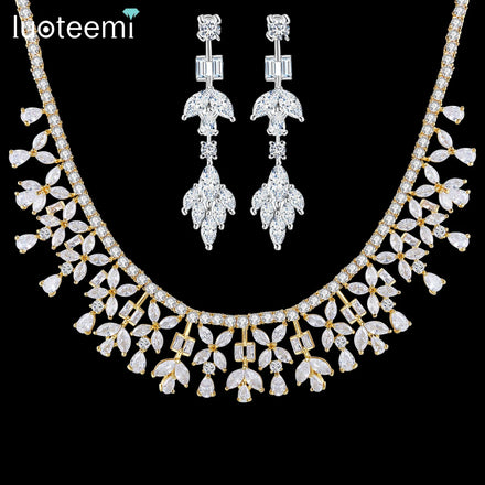 LUOTEEMI Iced Out Designer Earing Necklace Set Bridal Earrings Zircon Jewellery Woman Jewelry Making Supply
