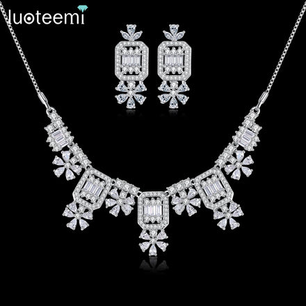 LUOTEEMI Trendy Chain Iced Out Earing Elegant Zircon Accessory for Woman Set Necklace Earring Jewelry