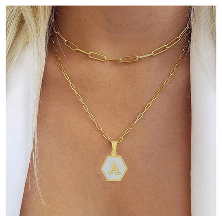 Hot Sale Double Layer Paperclip Chain 18k Pvd Gold Plated Stainless Steel Hexagon White Seashell Initial Letter Necklace
