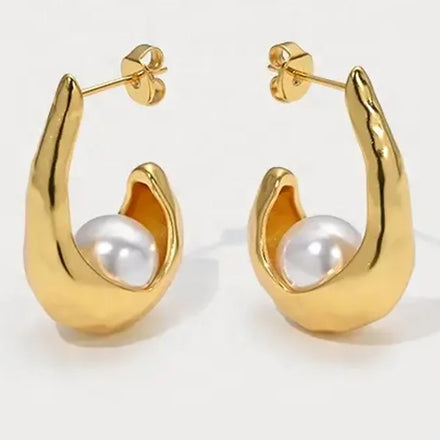 Fashion Jewelry Irregular Brass Plating 18k Gold Matte Geometric Curved Moon Metal Inlaid Pearls Hoop Earrings