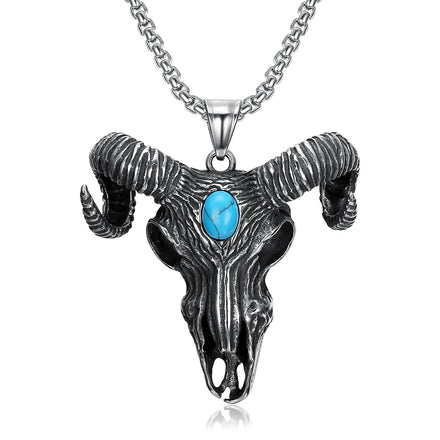 Punk Cow Goat Skull Head Blue Turquoise Natural Gemstone Pendant Stainless Steel Viking Gothic Skeleton Pendant Necklace