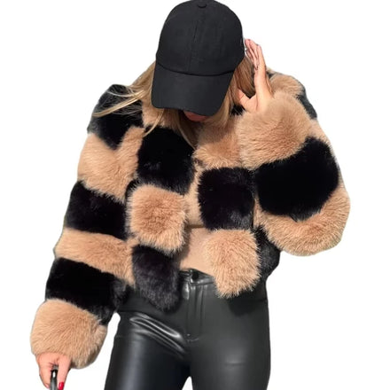 2022 Winter Women's Faux Fox Fur Brown Cropped Jackets Short Fashionable Patchwork Fur Coat with Casual Outerwear Style