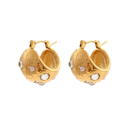 2022 Hot Sale Light Luxury Gold Plated Stainless Steel Earrings Elegant Pearl Zircon Hemisphere Earrings for Women Girls