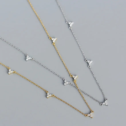 Elegant 18K Gold Plated Flower Necklace 925 Sterling Sliver Three Zircon Choker Necklaces for Women Girls