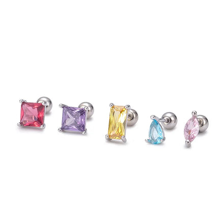 Mini 925 Sterling Silver Colorful Square Zircon Cartilage Earring Cz Teardrop Rectangle Screw Back Stud Earrings for Girls