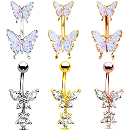 14G Stainless Steel Titanium Double Butterfly Belly Button Ring CZ Navel Piercing Jewelry