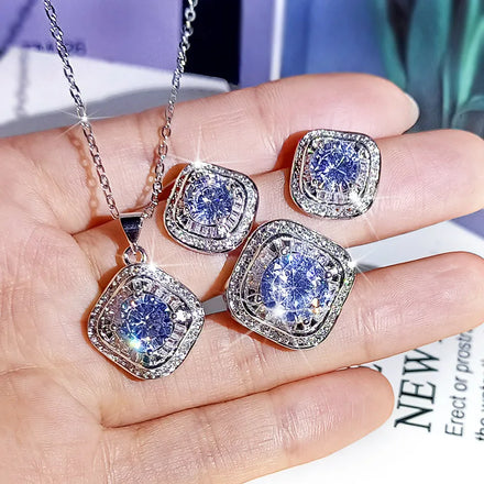 Cathedral Set Cushion Cut Moissanite Ring Earrings Necklace Halo Engagement Jewellery Set