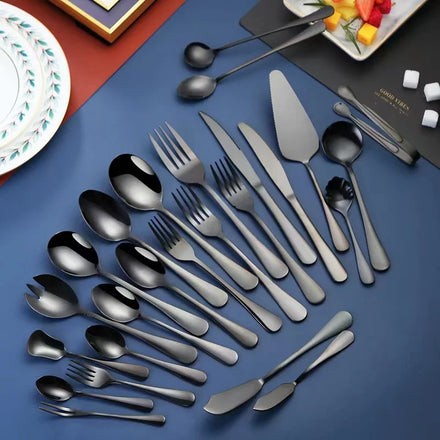 Bulk Black Stainless Steel Modern Luxury Salad Spoon and Fork Shiny Black Serving Flatware Set for Party Wedding
