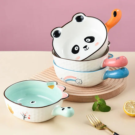 Japanese INS Style Popular Ceramic Cereal Fancy Porcelain Deep Plate Ceramic Bowls with Handle for Kids