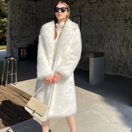 Winter New Thick Vintage Eco-Friendly Hooded Mandarin Collar Plaid Pattern Women's Long Faux Fur Parka Coat Draped Acrylic