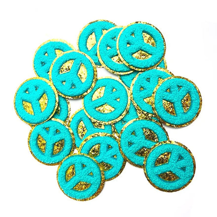 New Arrival Hot Sale Iron on Gold Glitter Trim Embroidery Chenille Patches Turquoise Peace Sign Patch Peace Symbol Logo Applique