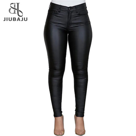 PU Leather Black Pant Women High Waist Elasticity Slim Push up Casual Skinny Thin Pencil Trousers