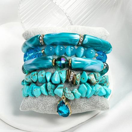 Fashion Women Thick Acrylic Pipe Jewelry Elastic Natural Stone Crystal Glass Shell Bracelet Drop Pendant Stack Bracelets Sets