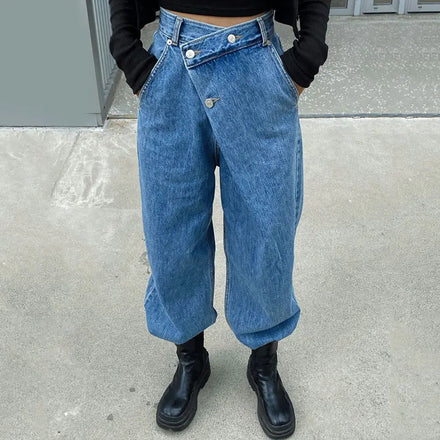Boutique Wholesale 2026 Korean Chic Autumn and Winter Vintage High Waist Irregular Buckle Design Straight Wide Leg Jeans