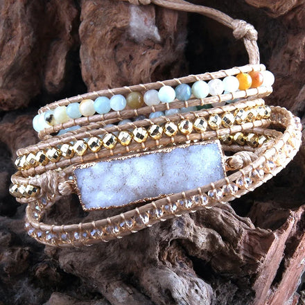Women Wholesale Boho Bracelet Handmade Hematite Natural Gemstone Crystal Glass Rectangle Druzy 4 Strand Amazonite Wrap Bracelet