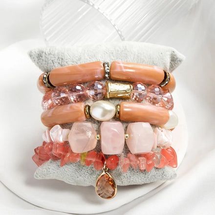 New Boho Thick Acrylic Pipe Jewelry Elastic Natural Stone Crystal Glass Shell Bracelet Drop Flower Pendant Stack Bracelets Sets