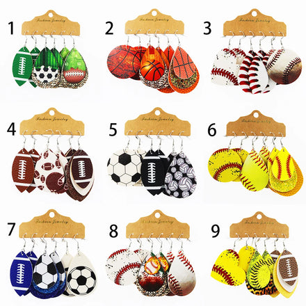 3 Pairs Football-Themed Drop Earrings Teardrop PU Ball Designs for Rugby Basketball Fashionable Sport-Inspired Jewelry