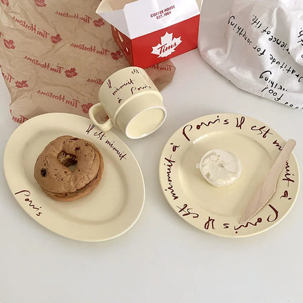 Ins Korea Pairs French Alphabet Ceramic Tableware Set Creative Breakfast Dessert Plate Creative Water Cup