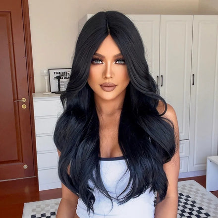 MOQ 1Long Black Natural Wave Synthetic Wigs for Women Wavy Dark Middle Part Hair Wigs Daily Use Heat Resistant