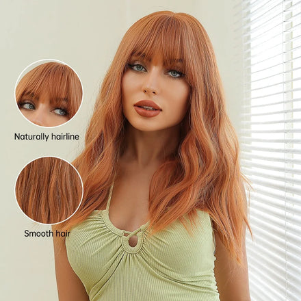 Factory Outlet MOQ 1 Orange Synthetic Wigs for Women Long Natural Wave Wigs with Bangs Ginger Hair Heat Resistant