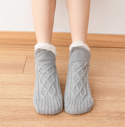 S9445 Custom Grippers Christmas Socks Chunky Warm Fleece Lined Thick Knit Comfy Socks Winter Fuzzy Non Slip Hospital Socks