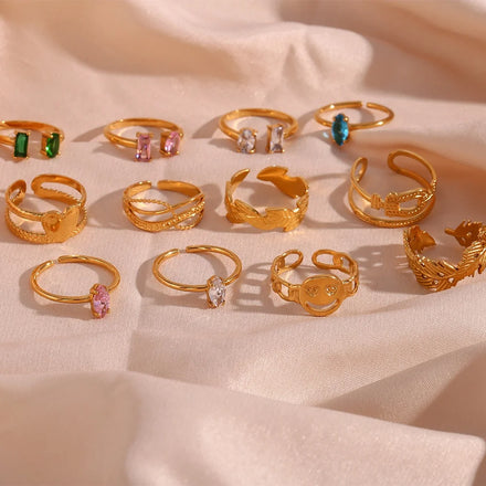 Dreamshow Elegant Zircon Adjustable Rings Set 18K Gold Plated Stainless Steel Rings Jewelry Women