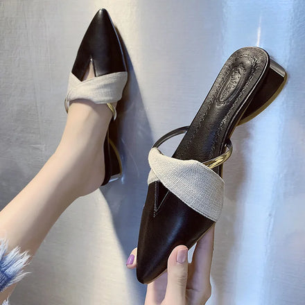 Wholesale Breathable Beauty Closed Pointed Toe Backless Flat PU Leather Mule Shoes slippers for Ladies