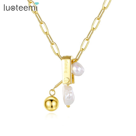 SP-LAM Fashion Girls Designer Pendant Stainless Steel Chain Link Woman Jewelry Rice Pearl Gold Trendy Necklace