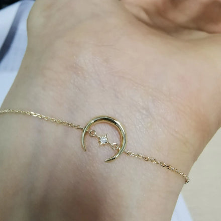 Delicate Pretty Fancy Pure 925 Sterling Silver Thin Chain Crescent Moon and Star Charm Bracelets for Women Girls Jewelry