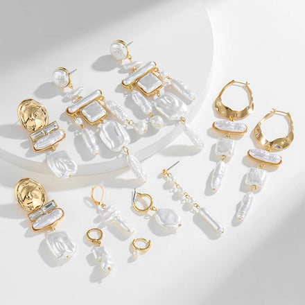 KJ High Quality Geometric Imitation Pearl Zinc Alloy 18K Gold Plated Pendant Earrings Women Exaggerated Statement