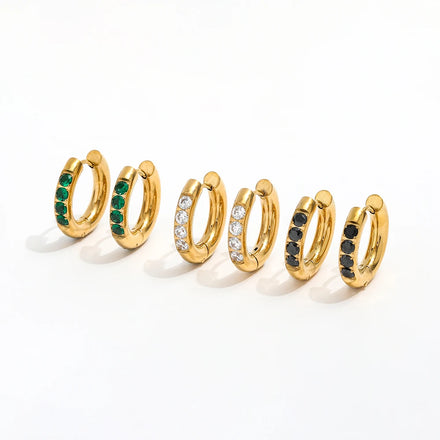 Fenny Jewelry 18K Gold-plated Tarnish Free Green Black Clear Zirconia Huggie Earring Wholesale Stainless Steel Ladies Jewelry