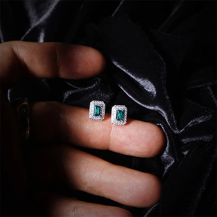 Real Sterling Silver Luxury Jewelry Emerald Zircon Stud Earrings