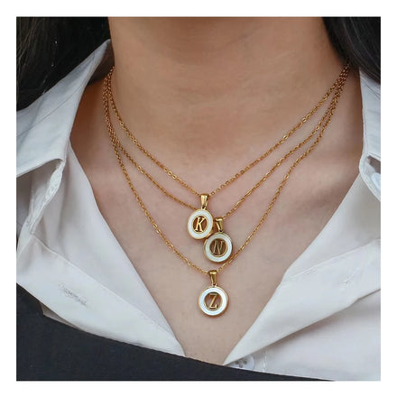 Simple Round Hollow 26 Alphabet Necklace Stainless Steel Gold Plating Natural Shell Initial Letter Pendant Necklace
