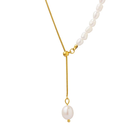 Fashion Freshwater Pearl Chain Stainless Steel Gold-plated Snake Bone Chain Necklace
