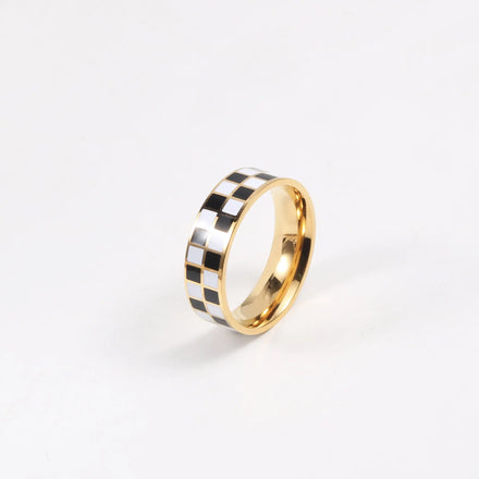Fenny 18K Gold Plated High End Versatile Dainty Black White Plaid Band Ring No Fade Stainless Steel Wholesale Jewelry
