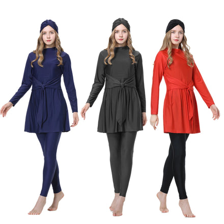 2022 Muslim Swimwear for Women Modest Beachwear Swimsuit Solid Color Long Sleeve Sporty Bathing Suit 3 Pieces Islamic Burkinis