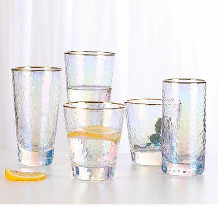 Hot Sale Colorful Glass Water Cup Hammer Pattern Fish Scale Design Juice Glasses with Gold Rim