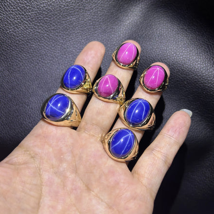 HQ GEMS 10K Yellow Gold Ring 13x18mm Red Ruby Blue Star Sapphire Gemstone Men Rings Jewelry