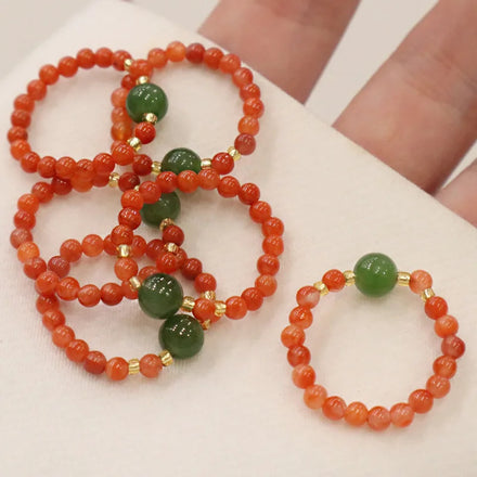 Risingmoon 4mm Natural Stone Ring Healing Crystal Beaded Ring Agate Jade Adjustable Ring Jewelry for Ladies Gift
