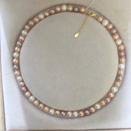6.3-7.3 mm Near Round AAA Edison Pearl Freshwater Choker Necklace 925 Silver Gold Plated CLASP for Women Knotted Beads
