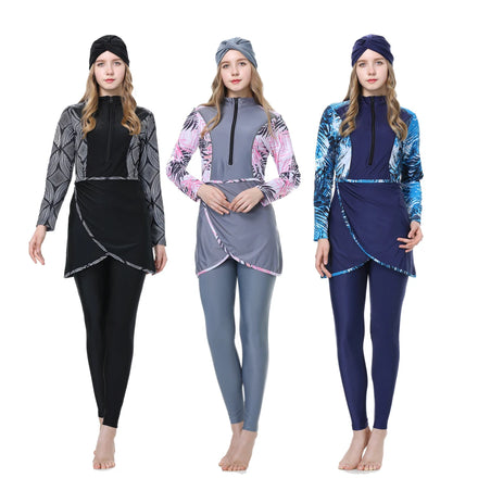 2022 Modest Women's Full Cover Muslim Swimwear 3PCS Floral Plus Size Islamic Sports Swimsuit Beachwear Hijab Long Sleeve Burkini
