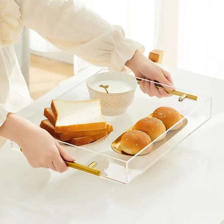 Rectangular Clear Acrylic Serving Tray with Handles and Paper Insert Polished Finish Customizable for Bars Hotels Parties