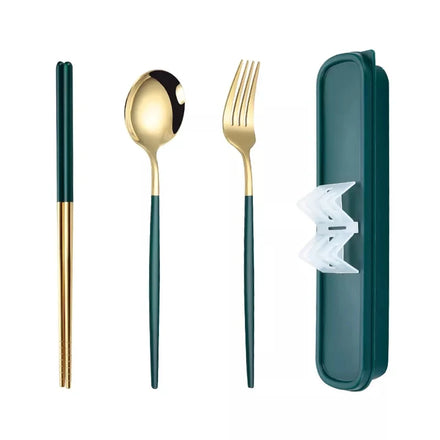 Stainless Steel Cutlery Set with Mirror Polish Including Chopsticks Dinnerware for Outdoor Camping in a Convenient Carry Case
