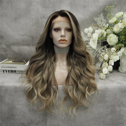 Celebrity 26inch Long Stylenatural Color Body Wave Synthetic Hair Wigs Matte Heat Resistant Fiber Same Human Hair Lace Front Wig