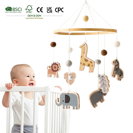 Safari Wooden Baby Crib Mobile with Arm Holder Set Handmade Jungle Animal Cot Mobile Natural Beech Wood Nursery Bracket