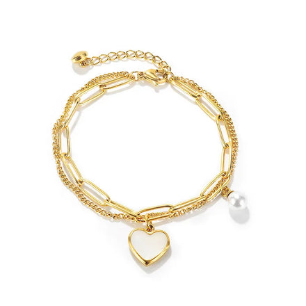 G1729 Fashion Jewelry Wholesale Bracelets Double Paperclip Chain Titanium Steel Pearl Pendant Women Lucky Heart Charm Bracelet