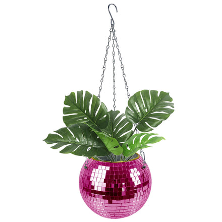 Pink Hanging Disco Ball Planter Pot Holder with Hook for Indoor and Outdoor Home Decor