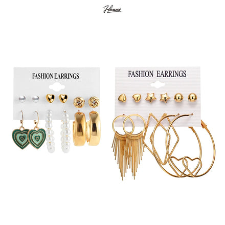 HOVANCI Trendy 6pcs/Set Mix Designs White Pearl Twisted Heart Stud Drop Hoop Earring Set for Women