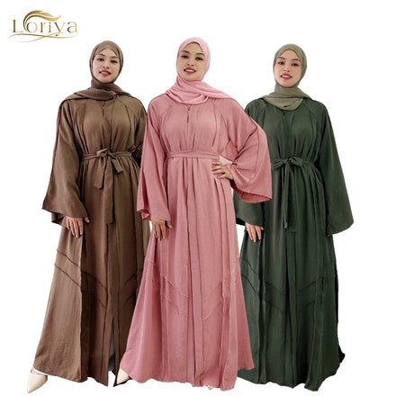 Loriya New Open Abaya Women's Modest Fashion Muslim Dress Plus Size Islamic Clothing Made of Polyester with Pop-up Buttons